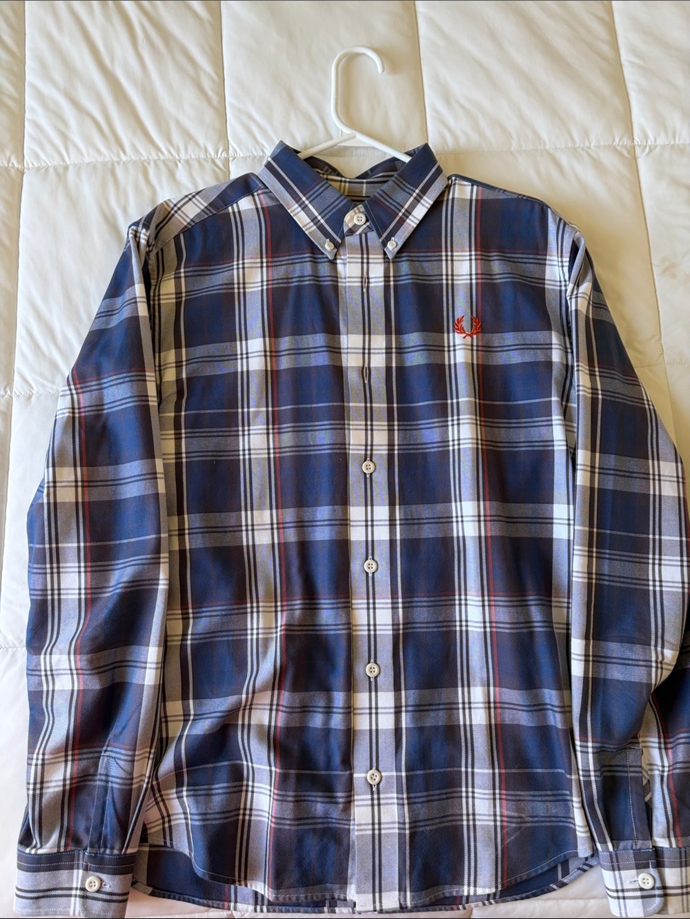 Fred Perry Blue and White Plaid Button-Down Shirt